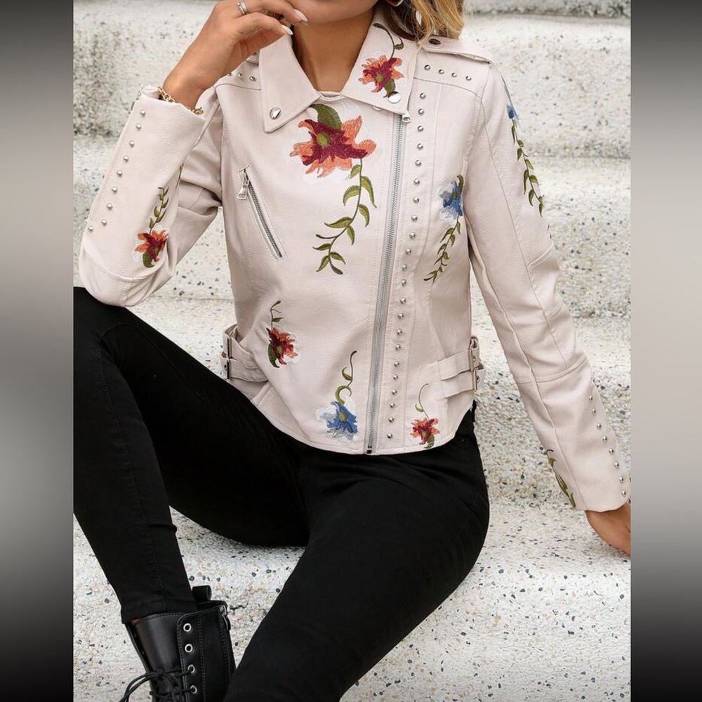 Floral Studded Moto Jacket Beige Faux Leather Embroidered Biker Style Jacket - Picture 7 of 9